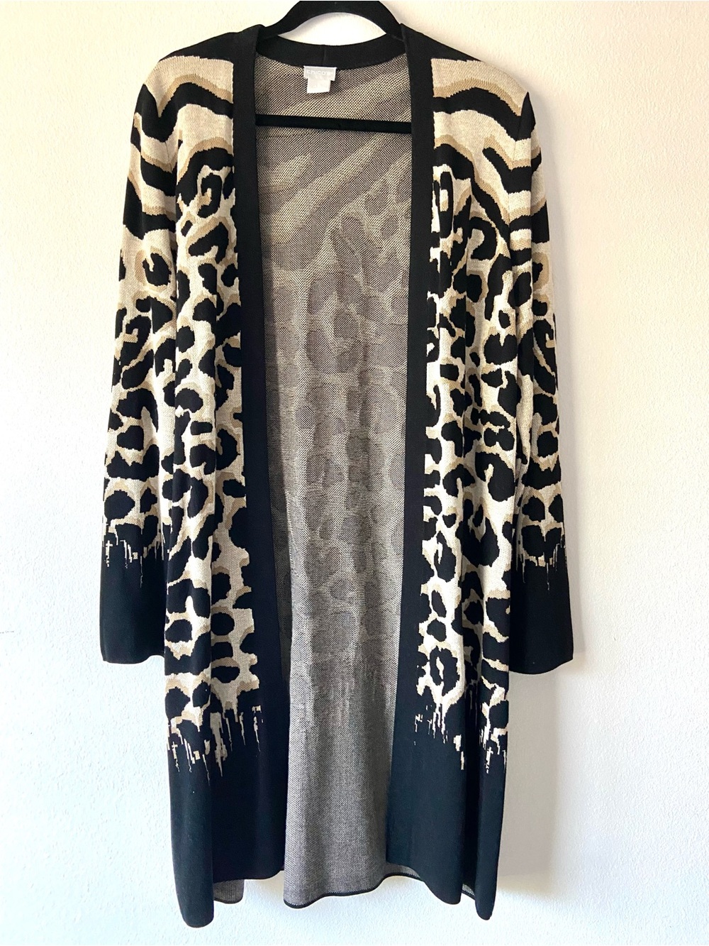 Chico’s Animal Print Open Front Long Cardigan Sweater Size 2 (US L) Black Beige